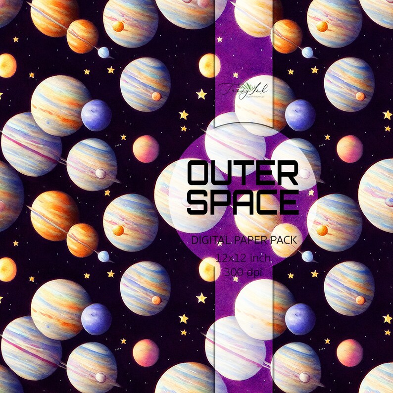 May include: A seamless digital paper pattern featuring a repeating design of colorful planets and stars on a dark purple background. The text "Outer Space" is centered on the image with the words "Digital Paper Pack" and "12x12 inch, 300 dpi" below it.