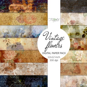 Papel digital de flores vintage, álbum de recortes botánico, diario de basura floral, efímera antigua, papel de carta antiguo, textura grunge, papel vintage