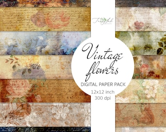 Vintage flowers digital paper, botanical scrapbook, floral junk journal, antique ephemera, old letter paper, grunge texture, vintage paper