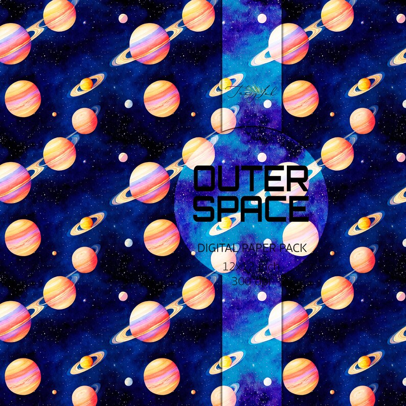 May include: A digital paper pack with 12 seamless patterns featuring watercolor illustrations of planets and stars on a dark blue background. The text "Outer Space" is written in a white circle.
