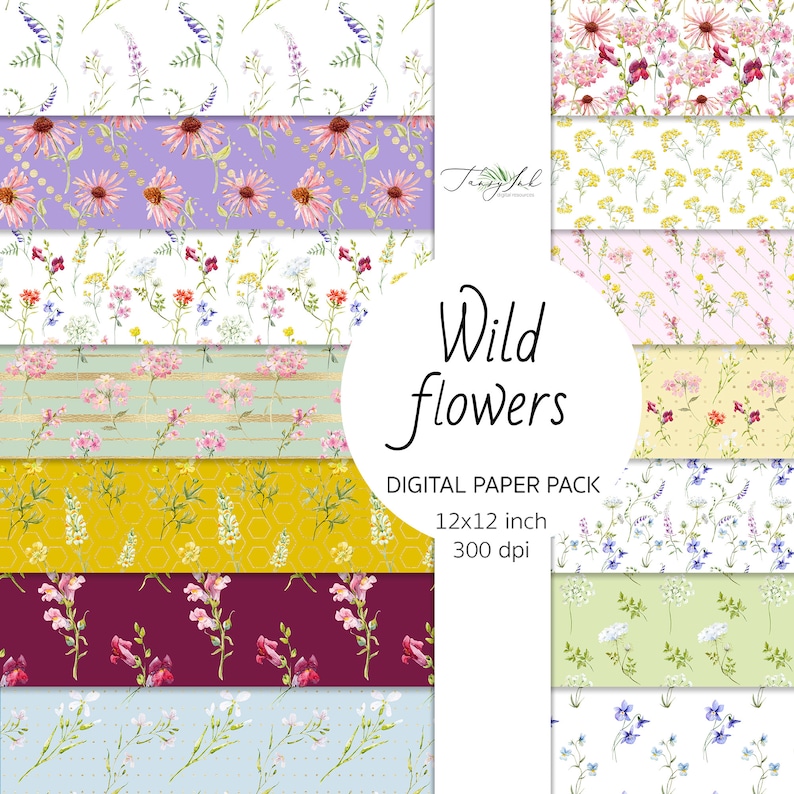 May include: A digital paper pack with 10 different patterns featuring watercolor illustrations of wild flowers in various colors. The patterns are 12x12 inches and 300 dpi.