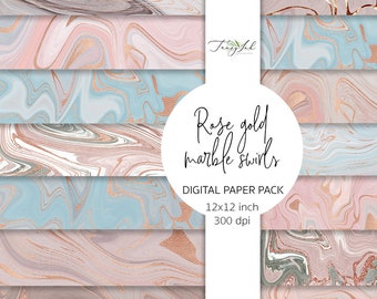 Rose gold marble swirls digital paper, rose gold glitter, metallic rose gold, marble paper, scrapbooking paper, abstract background
