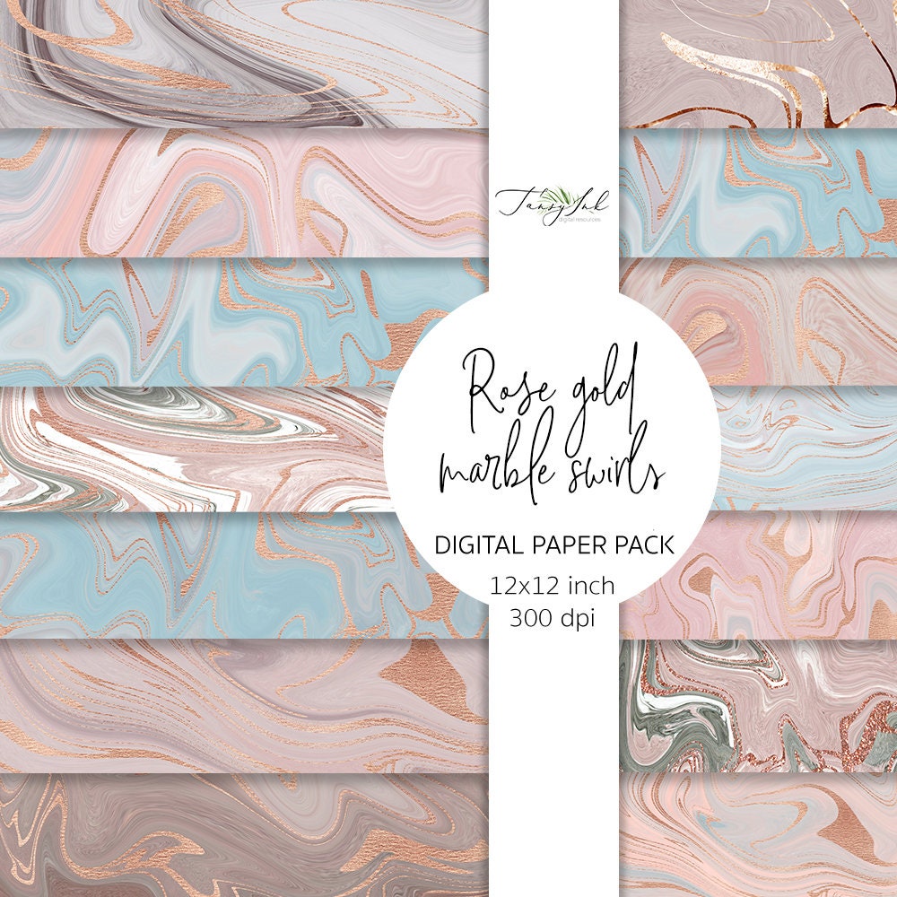 Rose Gold Marble Swirls Digital Paper, Rose Gold Glitter, Metallic Rose ...