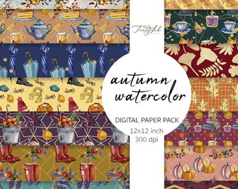 May include: A digital paper pack with 12 autumn-themed patterns. The patterns feature watercolor illustrations of teacups, umbrellas, boots, pumpkins, and more. The paper pack is 12x12 inches and 300 dpi.