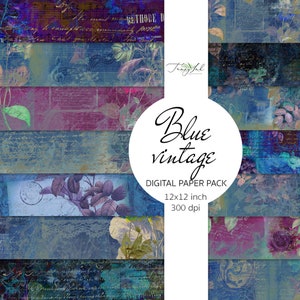 Carta digitale vintage blu, carta blu grunge, fiori vintage, vecchia trama di carta, sfondo di fiori scuri, giornale spazzatura, effimero blu