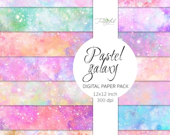 Pastel galaxy digital paper, cosmic planner sticker, sky background, stars paper, rainbow scrapbook, pastel pink backdrop, starry night