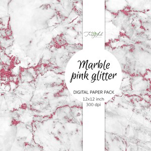 May include: Digital paper pack with a white marble background and pink glitter accents. The text "Marble pink glitter" and "DIGITAL PAPER PACK" is displayed in black text. The size is 12x12 inches and 300 dpi.