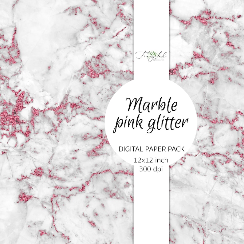 May include: Digital paper pack with a white marble background and pink glitter accents. The text "Marble pink glitter" and "DIGITAL PAPER PACK" is displayed in black text. The size is 12x12 inches and 300 dpi.