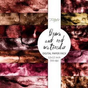 Brown and red watercolor digital paper, brown background, scrapbooking paper, abstract backdrop, red paper, boho watercolor texture, modern