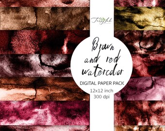Brown and red watercolor digital paper, brown background, scrapbooking paper, abstract backdrop, red paper, boho watercolor texture, modern