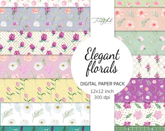 Elegant florals digital paper, seamless paper, eucalyptus leaves, pink roses paper, blush flowers, bougainvillea flowers, watercolor texture