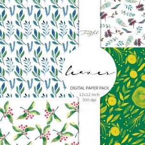 May include: A digital paper pack featuring four different leaf patterns. The patterns include blue and green leaves on a white background, red berries and green leaves on a white background, and yellow fruit and green leaves on a green background. The text "leaves" and "digital paper pack" are also visible.