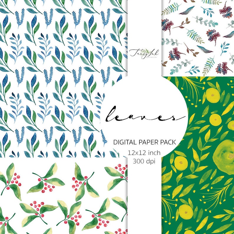 May include: A digital paper pack featuring four different leaf patterns. The patterns include blue and green leaves on a white background, red berries and green leaves on a white background, and yellow fruit and green leaves on a green background. The text "leaves" and "digital paper pack" are also visible.