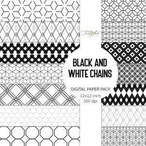 May include: A digital paper pack with 12 black and white geometric patterns. The patterns are made up of chains and are 12x12 inches, 300 dpi.  The text "BLACK AND WHITE CHAINS" is in the center of the image.