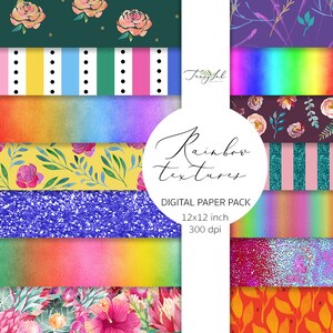 Regenboog gemengde patronen digitale papier, regenboog gradiënt, aquarel bloem patroon, Ombre achtergrond, glitter scrapbooking, strepen patroon