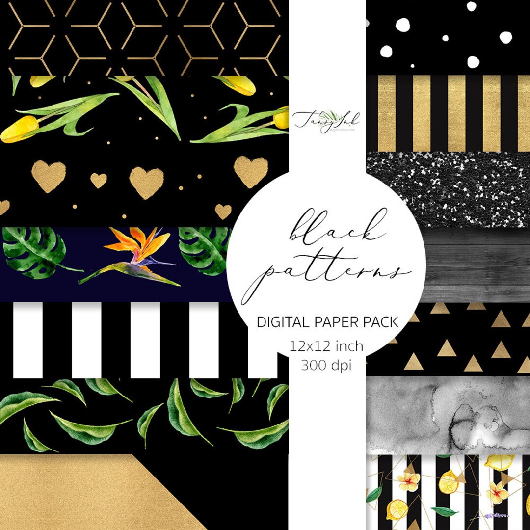 Black Patterns Digital Paper, Black Watercolor Paper, Gold Stripes ...