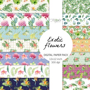 Exotische Blumen digitales Papier, nahtlose Papier, Blätter Papier, Aquarell Blumen, Blumenhintergrund, Scrapbooking Papier, tropische Tapete