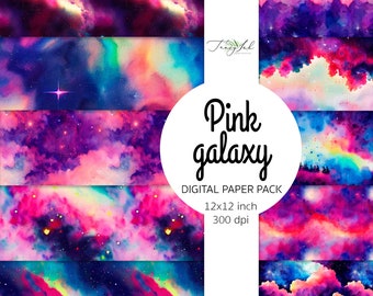 May include: A digital paper pack with 6 different patterns of pink and purple galaxy designs. Each pattern is 12x12 inches and 300 dpi.