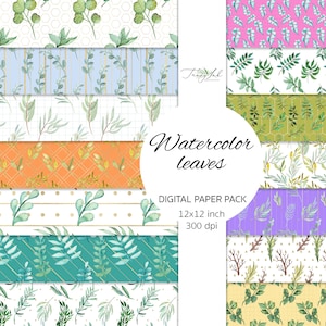 Watercolor leaves digital paper, seamless pattern, scrapbooking paper, autumn leaves, leaf pattern, leaf print, eucalyptus leaves