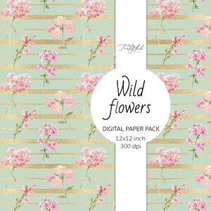 Wild flowers digital paper, seamless paper, watercolor flowers, flower background, planner paper, scrapbooking paper, leaves paper, image 3