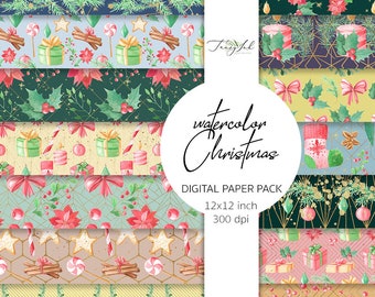 Watercolor Christmas digital paper, xmas paper, winter planner paper, Christmas wreath pattern, Christmas background, winter scrapbooking