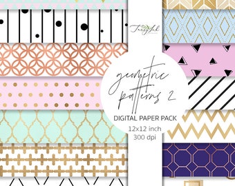 Geometric patterns digital paper, scandi pattern paper, geometric rose gold, stripes paper, scrapbook paper, gold dots paper, pastel pattern