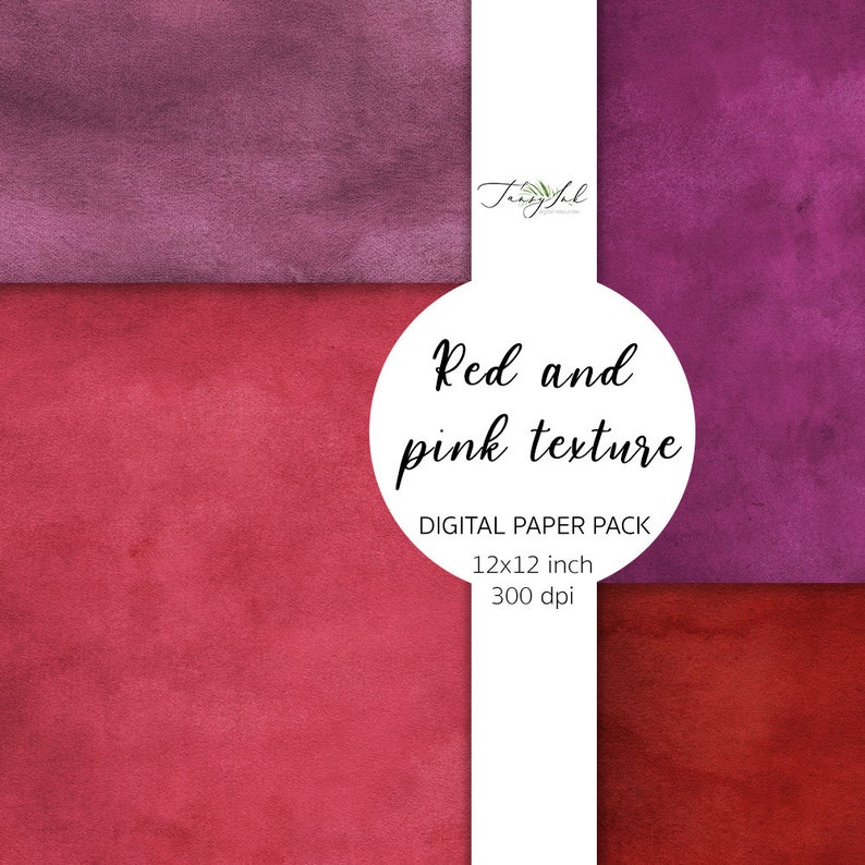 May include: Digital paper pack with four watercolor textures in shades of red and pink. The pack includes 12x12 inch papers at 300 dpi.