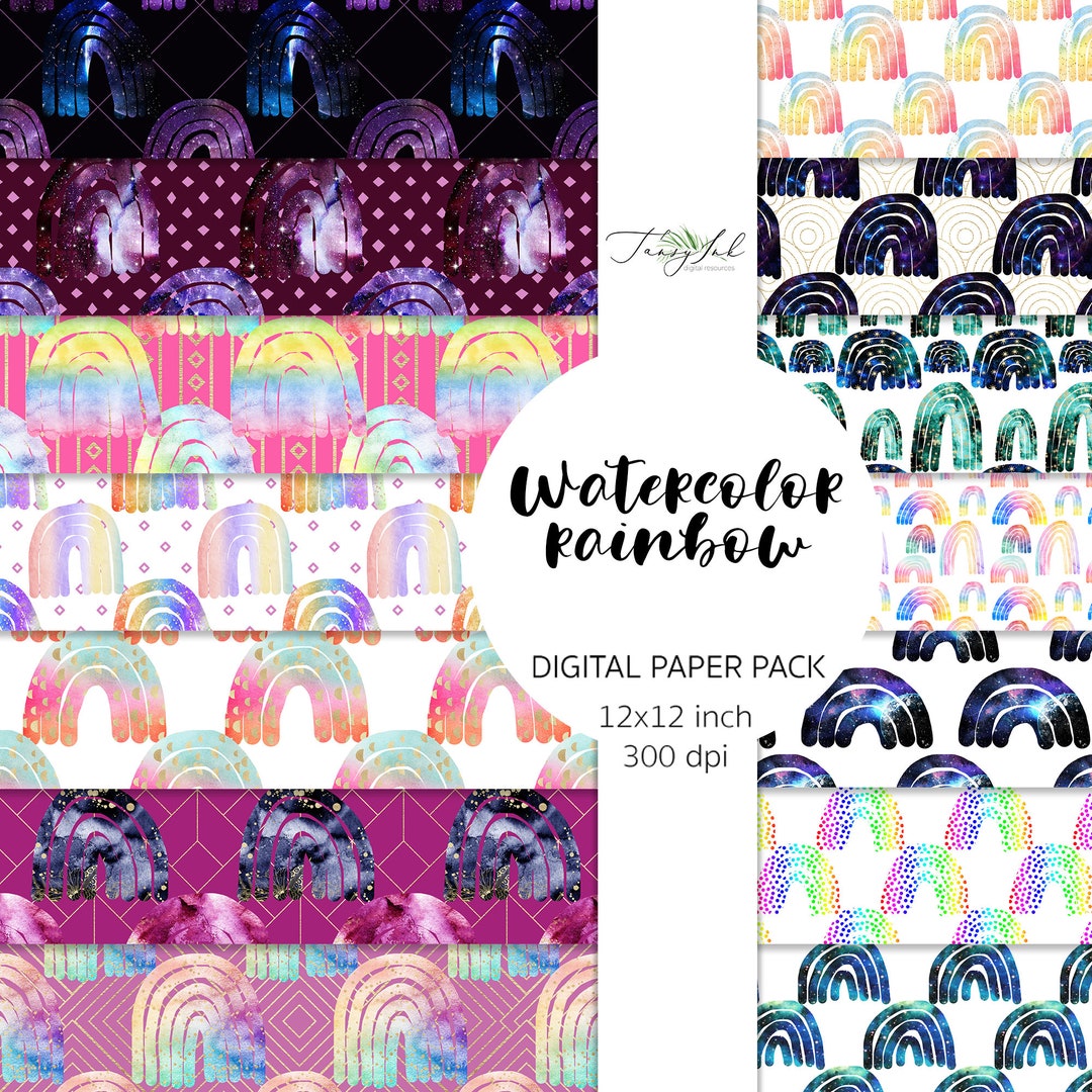 Watercolor Rainbow Digital Paper, Rainbow Seamless Pattern, Gold ...
