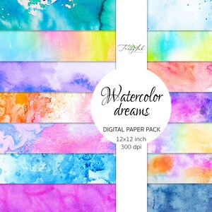 Cyfrowy papier Watercolor Dreams, tapeta akwarelowa, pastelowy gradient, niebieski papier ombre, papier do scrapbookingu, letnie tekstury, papier tęczowy