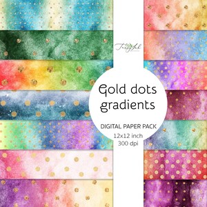 Peut inclure: Pack de papier numérique avec 12 dégradés aquarelle avec des pois dorés. Chaque motif mesure 12x12 pouces et 300 dpi.