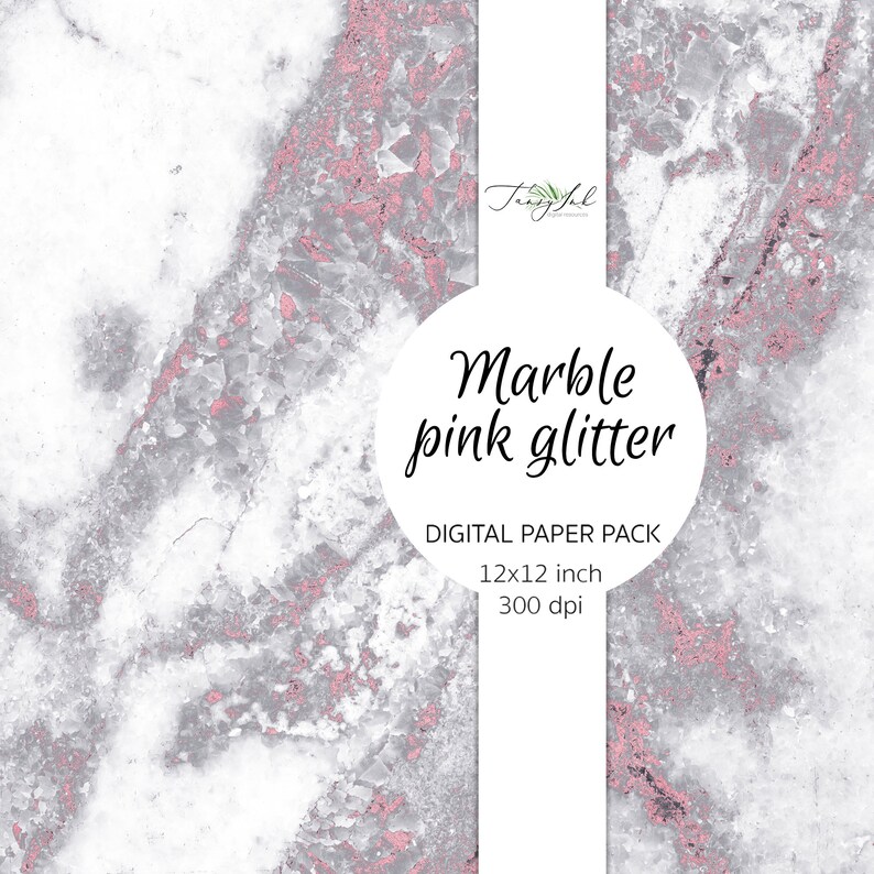 May include: Digital paper pack with a marble texture and pink glitter. The pack includes 12x12 inch papers at 300 dpi.