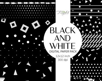 Black and white digital paper, white stripes, white pattern, black background, white dots, geometric pattern, scandi backdrop, polka dots,