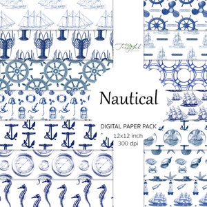 Papel digital náutico, patrón sin costuras, barco vintage, papel de scrapbooking, papel conchas marinas, azul pastel, tema náutico, vida marina, marina