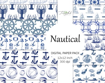 Nautical digital paper, seamless pattern, vintage ship, scrapbooking paper, sea shells paper, pastel blue, nautical theme, sea life, marine
