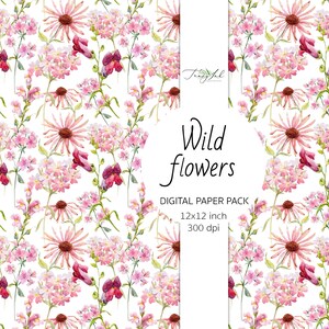 May include: Digital paper pack with a watercolor pattern of pink and purple wildflowers on a white background. The text "Wild flowers" is in the center of the image. The text "Digital Paper Pack 12x12 inch 300 dpi" is below the text "Wild flowers".