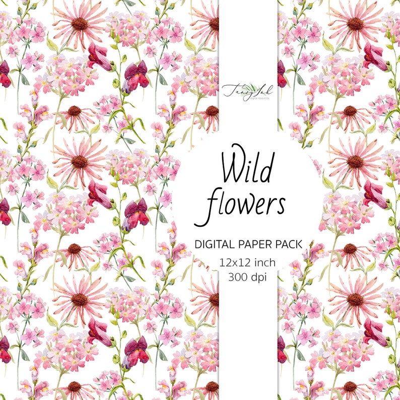 May include: Digital paper pack with a watercolor pattern of pink and purple wildflowers on a white background. The text "Wild flowers" is in the center of the image. The text "Digital Paper Pack 12x12 inch 300 dpi" is below the text "Wild flowers".