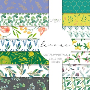 May include: A digital paper pack featuring various leaf and floral patterns. Designs include watercolor eucalyptus, roses, lemons, and berries. The pack includes 12x12 inch sheets at 300 dpi, with the word "leaves" in the center.