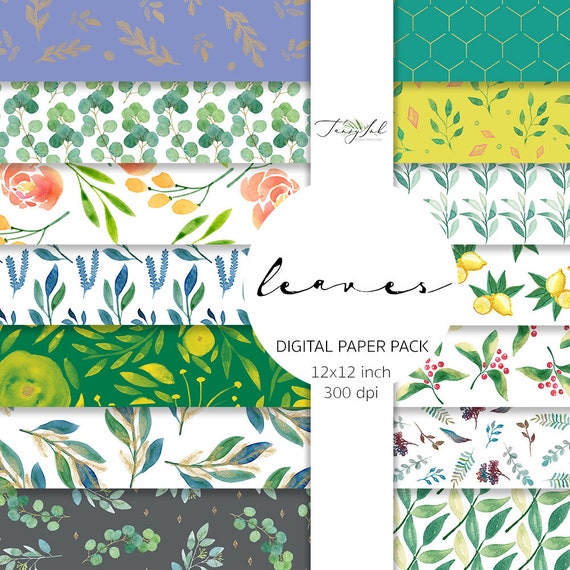 Leaves digital paper, watercolor leaves, scrapbooking paper, flower paper, yellow pattern, green wallpaper, lemon paper, spring paper