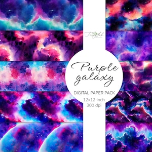Purple galaxy SEAMLESS digital paper, galaxy digital prints, purple watercolor backdrop, starry night background, abstract art, celestial