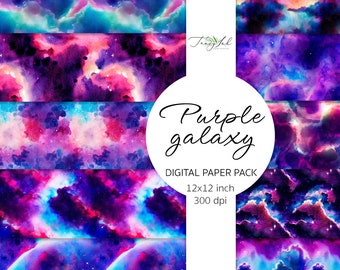 Papel digital SEM EMENDA da galáxia roxa, impressões digitais da galáxia, cenário aquarela roxo, fundo de noite estrelada, arte abstrata, celestial