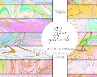 May include: A digital paper pack with 12x12 inch, 300 dpi images featuring abstract swirls in neon colors with gold accents. The text "Neon gold swirls" is in a circle in the center of the image.