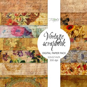 Vintage scrapbook papel digital, fondo vintage, flores vintage, efímeras botánicas, papel de cartas antiguas, diario basura, papel girasol
