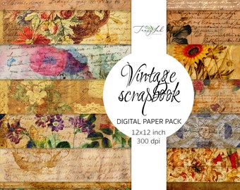 Vintage scrapbook digital paper, vintage backdrop, vintage flowers, botanical ephemera, antique letters paper, junk journal, sunflower paper