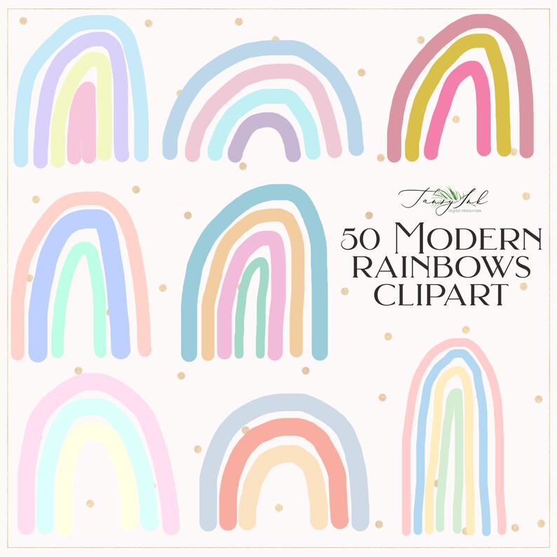 May include: A set of 50 modern rainbow clipart images in various pastel colours. The rainbows are in different sizes and orientations. The text "50 MODERN RAINBOWS CLIPART" is in the centre of the image.