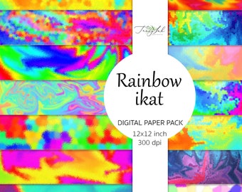 Rainbow ikat digital paper, scrapbook paper, ombre background, ikat pattern, papercraft, digital crafting, rainbow textures, ikat wallpaper