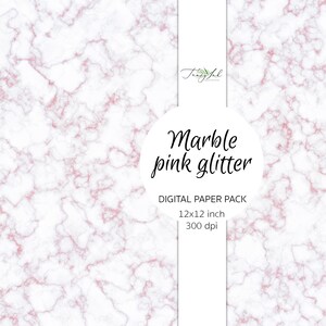 May include: Digital paper pack with a marble pattern in white and pink glitter. The pack includes 12x12 inch images at 300 dpi.