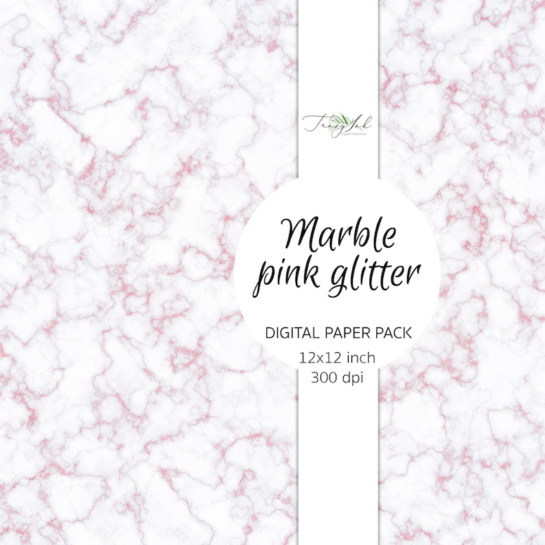 May include: Digital paper pack with a marble pattern in white and pink glitter. The pack includes 12x12 inch images at 300 dpi.