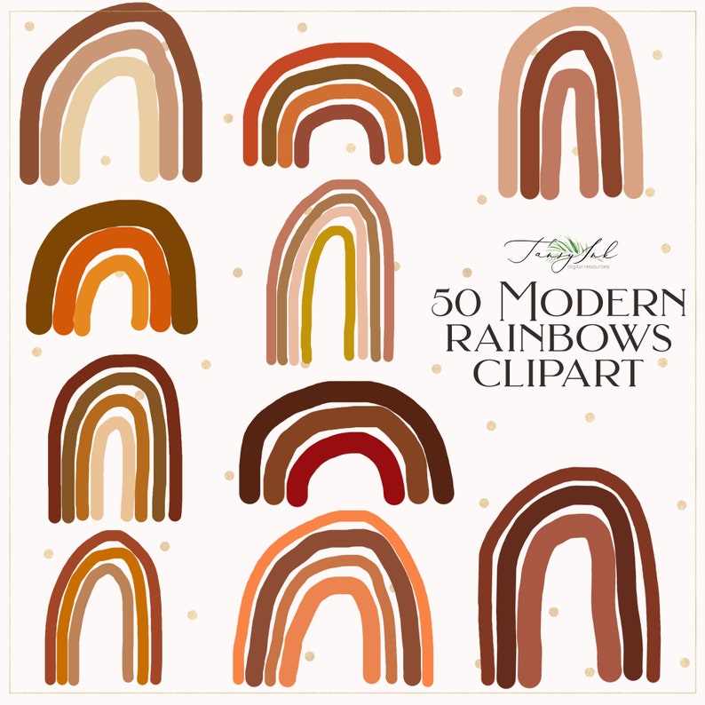 May include: Set of 10 modern rainbow clipart images in various shades of brown, orange, red, and yellow. The rainbows are hand-drawn and have a whimsical, boho style.