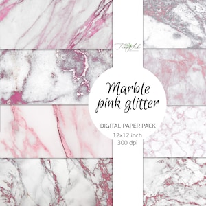 May include: Digital paper pack with six different marble patterns featuring pink and white with a glittery effect. The pack is 12x12 inches and 300 dpi.