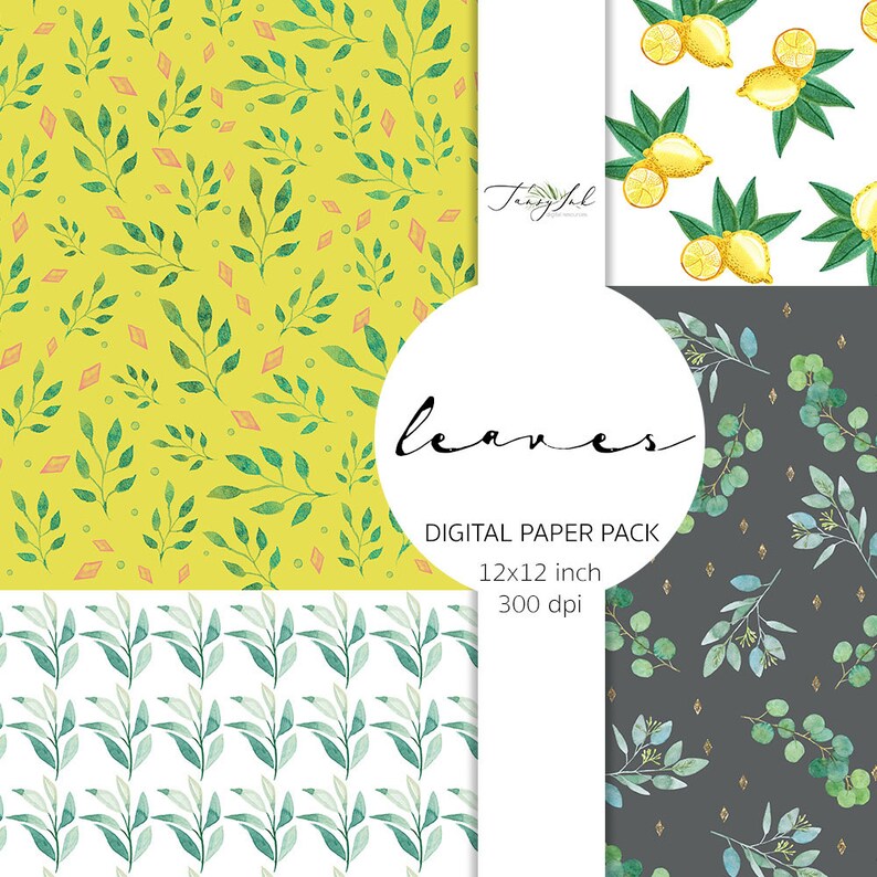 May include: A digital paper pack featuring four different leaf and lemon patterns. The patterns include green leaves on yellow, white, and gray backgrounds, and lemons with green leaves on a white background. The text "leaves" and "Digital Paper Pack 12x12 inch 300 dpi" are also included.